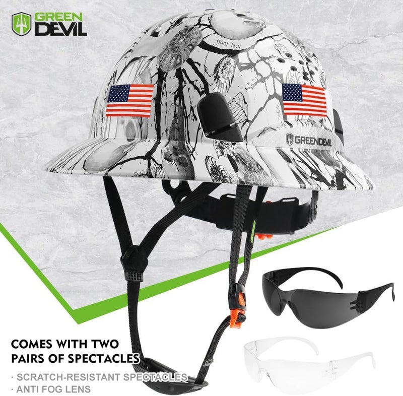 GREEN DEVIL Full Brim Hard Hat Vented Construction Safety Helmet OSHA Approved Cascos De Construccion ABS Work Hardhat for Men&Women 6 Point Adjustable Ratchet Suspension Custom Pattern Design - Image 2